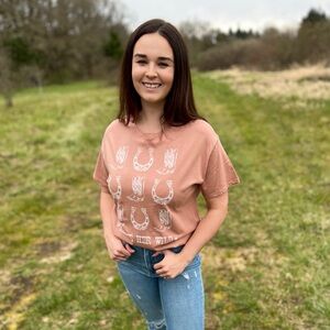 Tres Bien Brown Short Sleeve Tee with Western Print